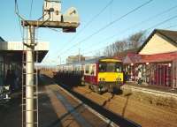 318 255 pulls into Irvine station on 10 December 2008 with a Glasgow Central - Ayr service.<br><br>[David Panton 10/12/2008]