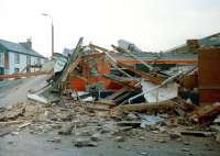 The Largs crash of 11 July 1995 - the front portion of the 0615 from Glasgow Central stands in Main Street.<br><br>[Colin Miller 11/07/1995]