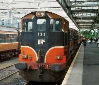 A pair of CIE class 121 locomotives, nos 133+129 double head a train for Dublin, seen boarding at Sligo in 1993<br><br>[Bill Roberton //1993]