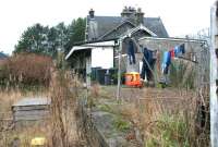 Scene at Innerleithen in November 2005 looking west along the trackbed towards the site of the level crossing and the former route to Peebles.<br><br>[John Furnevel 15/12/2005]