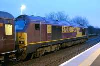 The 0632 ex-Waverley Fife Circle service, hauled by EWS 67030, is about to leave Rosyth on 19 December heading for The Forth Bridge on its return to Edinburgh.<br><br>[Bill Roberton 19/12/2008]