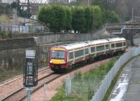 A Glasgow Queen Street - Alloa service, approaching its destination on 22 December 2008, passing the site of the original (1850-1968) Alloa station.<br><br>[John Furnevel 22/12/2008]