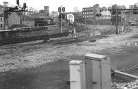 View of the remaining lines on the curve into a much diminished St Enoch terminus almost a year after closure. Photographed in May 1967, from a passing railtour.<br><br>[Colin Miller 15/05/1967]