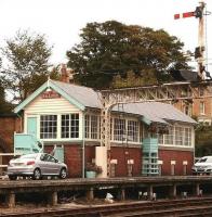 The 1907 NER Falsgrave signal box, standing at the south end of platform 1 at Scarborough station, photographed on 28 September 2008. The grade 2 listed structure was the recent recipient of the Westinghouse Signalling Award as part of the National Heritage scheme. This followed a centenary 5-month, restoration project, carried out by Construction Marine Ltd in consultation with Network Rail and the North Yorkshire Moors Railway, which took it back to how it would have looked when new.  According to signalman Mick Hewitt <I>this is one of the largest surviving boxes in the country which still has its mechanical workings. In the box there are 120 levers connected by Victorian engineered interlock systems, around 60% of which are still operational with 40% in regular use.</I> Notwithstanding the restoration project, Network Rail plans to close Falsgrave by 2010. Campaigners are hoping it can then be turned into a tourist attraction.<br>
<br><br>[John Furnevel 28/09/2008]