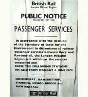 The last British Rail service from Rawtenstall left at 9.05pm on Saturday 3rd June 1972 to the usual explosive detonator send off. Driver Harry Lofthouse was at the controls of the four-car DMU that had been put on for the <I>last day trippers</I>. Except for the first train from Bury I travelled on every service on that last day and was grateful to the ticket inspector at Bury Bolton Street who saved the closure notice for me while I was riding on the last train. Living near Rawtenstall at the time I then of course had to get the bus back home. <br><br>[Mark Bartlett 03/06/1972]