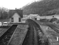 Tracks lifted at Callander station - view west in February 1970. The station closed to passengers in November 1965. [See image 22795] for the same view 5 years earlier.<br><br>[Colin Miller 19/02/1970]