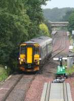 Having just left Annan station on a Glasgow Central - Carlisle service on 17 July 2008, 156485 runs onto the single line section to Gretna. The line was closed 2 days later to allow completion of the redoubling of this stretch of the former G&SW route.<br><br>[John Furnevel /07/2008]