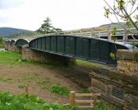 The bridge that carried the Peebles Railway over the Tweed south of Innerleithen. Photographed looking north towards the river in May 2008. The bridge now forms part of a walkway. <br>
<br><br>[John Furnevel 18/05/2008]