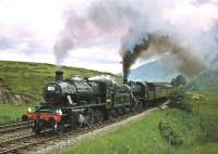 Ivatt Class 2 locomotives 46426+46458 westbound near Keswick on 13 June 1964 with train 1X37, the Penrith - Workington leg of the RCTS <I>Solway Ranger</I> special. <br><br>[Robin Barbour Collection (Courtesy Bruce McCartney) 13/06/1964]