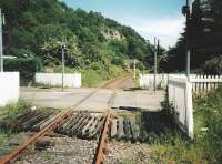 Looking towards Alloa at Waterside level crossing in July 1996 during the long wilderness years.<br><br>[David Panton /07/1996]