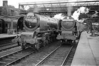 <I>Thanks - I'll take it from here...</I> Polmadie's Stanier Pacific 46224 <I>Princess Alexandra</I> about to take over <I>The Royal Scot</I> from Crewe based classmate 46240 <I>City of Coventry</I> at the north end of Carlisle in April 1958.<br><br>[Robin Barbour Collection (Courtesy Bruce McCartney) 15/04/1958]