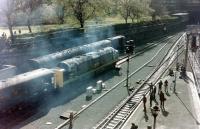 Haze over Princes Street Gardens on 25 April 1981, with the station pilot looking on aghast as Deltic 55002 <I>The Kings Own Yorkshire Light Infantry</I> decides to undertake some shunting of its own involving class 105 DMU M50778.<br><br>[Colin Alexander 25/04/1981]