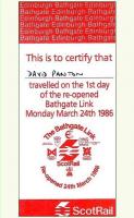 Commemorative ticket issued on the reopening of the Edinburgh - Bathgate line on 24 March 1986.<br><br>[David Panton 24/03/1986]
