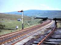 A northbound class 47-hauled train crossing Dandry Mire Viaduct and approaching the final stretch to Ais Gill summit. Viewed from the end of Garsdale station sidings, c 1984. <br>
<br><br>[Colin Alexander //1984]
