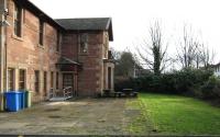 Balloch Central Station, now Tourist Information Offices. View from rear after National Park portacabins removed. The grass area is the original track bed with the slabbed area having been platform. The present Balloch Station is across the road behind the hedge.<br><br>[Alistair MacKenzie 28/01/2009]