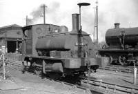 Aspinall L&YR class 21 0-4-0ST  no 51206, fitted with blast - deflecting device [see image 24841], standing outside Bank Hall shed, Liverpool in 1958. The diminutive <I>Pug</I>, built at Horwich Works in 1891, spent most of its 71 years shunting in Liverpool Docks, before finally returning to Horwich for disposal in 1962. Bank Hall shed itself closed in 1966 and the site is now occupied by Kirkdale EMU depot.<br>
<br><br>[Robin Barbour Collection (Courtesy Bruce McCartney) 26/09/1958]