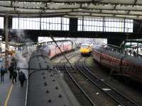 Railtours occupy the platforms at Citadel station on a day when all Anglo-Scottish services were supplied by buses. The station, city and its watering holes were kept busy for a few hours by enthusiasts.<br><br>[John Robin 07/02/2009]