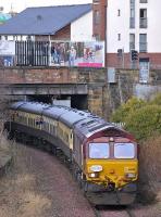 The Pathfinder <I>Forth McFreighter</I> railtour passes below Easter Road on 8 February 2009 and runs through the remains of the station on what is now the Powderhall branch, with EWS 66201 heading the train back towards the ECML.<br><br>[Bill Roberton 08/02/2009]