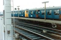 Cravens class 105 DMUs in the Carlisle bay platform (11) at Newcastle Central in 1981. <br>
<br><br>[Colin Alexander //1981]