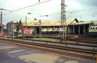 Six residents rest in the electric locomotive shed at Bebra, Germany, in 1990. The site, just to the east of the station, is complete with turntable and knitting above.<br>
<br><br>[John McIntyre //1990]