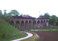 A special to Inverbervie, marking final closure of the branch, crosses the viaduct over the North Esk approaching North Water Bridge station on 22 May 1966 behind J37 no 64547 [See image 24996].  <br>
  <br>
<br><br>[Robin Barbour Collection (Courtesy Bruce McCartney) 22/05/1966]