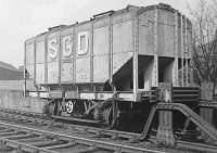 Close upof Scottish Grain Distillers hopper wagon in the yard at Cameron Bridge in 1983.<br>
<br><br>[Bill Roberton //1983]