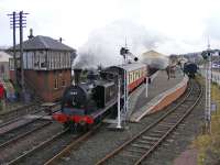 55189 departs from Boness station with a mixed train on 24 February 2009. The engine is soon to be overhauled, assisted by proceeds from this photo charter.<br><br>[John Robin 24/02/2009]