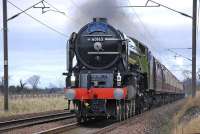 60163 approaches St Germains level crossing with the <I>Auld Reekie Express</I> on 28 February.<br><br>[Bill Roberton 28/02/2009]