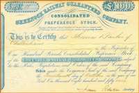 The Greenock Railway Guaranteed Company was incorporated in 1851 when the Caledonian Railway took over the Greenock line. The company wound up in 1883. This is a Guaranteed share certificate of 1851 issued by the Greenock Railway Guaranteed Company.<br><br>[Ian Dinmore //1851]