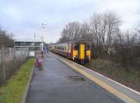 The dynamic loop from Lugton to the north will stop short of Kilmaurs, which is just as well as clearly no thought was given to a possible future redoubling when the station was reopened a generation ago. Some expensive and disruptive work would be needed here! 156 514 is seen at the station on 26 February with a Kilmarnock service.<br><br>[David Panton 26/02/2009]