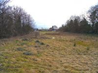 The course of most of the southern part of the Fordell Waggonway (1700s to 1946) was bulldozed over in the building of Dalgety Bay from 1966 onwards, and some imagination is needed to plot it, though see Bill Roberton's image 15524. Here the line entered what is now the town from the north after a dogleg under the main line and coast road, just east of Dalgety Bay station.The mysterious line (military, I think) from Donibristle box on the main line to Inverkeithing Bay bridged over it running east-west approximately where Dobbies stands in the middle distance.The remains <br>
of that line are even more scant. <br>
<br><br>[David Panton 27/02/2009]