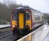 156 495 pulls into a rainswept Auchinleck with a Carlisle to Glasgow service on 26 Feb 2009<br><br>[David Panton 26/02/2009]