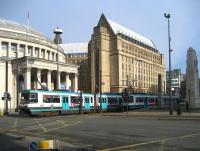 Manchester Metrolink tram at St Peter's Square on 5 March 2009. The building on the left is Manchester's Central Library.<br>
<br><br>[John McIntyre 05/03/2009]