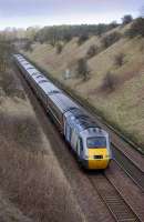 Aberdeen-bound National Express HST service climbing to Lochmuir Summit, north of Markinch, on 12 March 2009.<br><br>[Bill Roberton 12/03/2009]