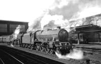 Jubilee 45697 <I>Achilles</I> stands with <I>Clan</I> Pacific no 72008 <I>Clan MacLeod</I> on the centre road at Carlisle on 7 August 1965, after arriving light engine from Kingmoor shed.<br><br>[K A Gray 07/08/1965]