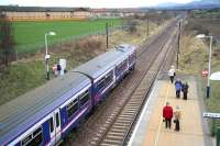 A 322 service from North Berwick leaves Wallyford on 28 February 2009 heading towards the Pentland Hills and its ultimate destination at Edinburgh Waverley.<br><br>[John Furnevel 28/02/2009]