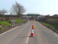 The new rail bridge carrying the Glasgow - Kilmarnock line over the A735 road near Stewarton now in position, photographed on 18 March 2009. Clean up activity and structural work continues in the vicinity following the oil train derailment and ensuing major fire that occurred here in late January.<br><br>[Ken Browne 18/03/2009]