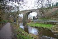 View south along the Water of Leith at Coltbridge, just north west of Murrayfield station on the former Caledonian suburban route north out of Princes Street. Photographed on 16 February 2006, almost 40 years after closure of the line.<br>
<br><br>[John Furnevel 16/02/2006]