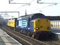 37069 at Paisley Gilmour Street with the overhead line test coach <I>Mentor</I> on 18th March<br><br>[Graham Morgan 18/03/2009]