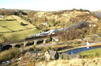 Wide shot of 76079 and 45407 approaching Todmorden on 29 March with <I>The Tin Bath</I> railtour. The rear of the train is just leaving Horsfall Tunnel.<br><br>[John McIntyre 29/03/2009]