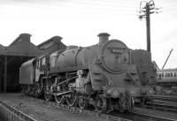 One of the St Rollox stud of Caprotti valve geared standard class 5 locomotives, no 73151, photographed at the east end of Carstairs shed in the 1960s.<br><br>[Robin Barbour Collection (Courtesy Bruce McCartney) //]