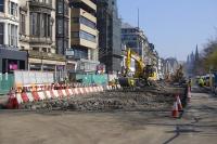 View east along Princes Street, Edinburgh, on 2 April 2009, with Tram works restarted.<br><br>[Bill Roberton 02/04/2009]