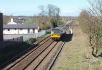 Leaving Kirkham for Preston on the former four track section is a Northern Pacer, 142047, on a Blackpool South to Colne working. In this view from Carr Lane bridge Kirkham and Wesham station is hidden by the trees directly behind the train, which is just passing the Boys' Brigade camp site. <br><br>[Mark Bartlett 07/04/2009]