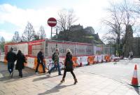 <I>Welcome indeed...</I> the total takeover of Edinburgh's Princes Street by the tram works seems almost complete in this view from the west end on 7 April 2009. The Castle has, of course, seen it all before.  <br><br>[John Furnevel 07/04/2009]