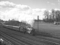 Jubilee 45588 <I>Kashmir</I> leaving Dumfries for Castle Douglas with the SLS/BLS Scottish Rambler No.2 Railtour on 15 April 1963.<br><br>[K A Gray 15/04/1963]