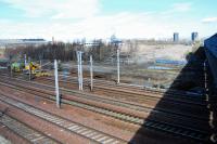 Looking north over Larkfield Junction at the remains of Gushetfaulds Freightliner terminal. The site has been landscaped in preparation for the M74 extension. A useful diversionary east to north curve could be put in here ... if space is left.<br><br>[Ewan Crawford 29/03/2009]