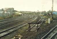 View looking south at Cowlairs West Junction in 1988. From left to right: City of Glasgow Union Railway, Sighthill Branch*, Turkey Yard*, Cowlairs Carriage Sidings* and (extreme right)the Edinburgh and Glasgow Railway running south to Queen Street. The lines marked * have subsequently been lifted. The photograph was taken from a northbound West Highland train.<br><br>[Ewan Crawford 03/09/1988]