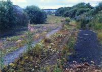 Looking west towards Airdrie at Bathgate Upper in 1988. The westbound platform to the left had been removed but the eastbound was still intact. Regrettably the station building had been burned down. Ahead was the junction between the lines to Airdrie via Westcraigs (left) and Airdrie via Slamannan (right and very overgrown). The platform had been dug up and then carefully resurfaced. [Thanks to the few who have pointed out that the chequer pattern clay tiles from here, Partick Central, Plains, Motherwell  and Whiteinch Riverside were carefully removed for re-use at Boness. The station platform had to be reinstated as it still saw occaisional use.] The site of the station is now a carpark although with the line reopening this is now out of use and a large embankment covered in trees which in recent years had obscured this view is now being removed. This location will soon be used as a station again.<br><br>[Ewan Crawford //1988]