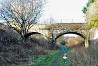 Kilnknowe Junction looking away from Galashiels. The single track of the Peebles line passed through the left arch and that of the Waverley route through the right. It seems to me that the embankment on the left creeps ever closer as the years pass.<br><br>[Ewan Crawford 17/01/2009]