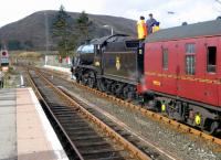 The <i>Great Marquess</i> at Achnasheen pausing on the route west to Kyle of Lochalsh with <i>The Great Britain</i> railtour.<br><br>[Hamish Baillie 11/04/2009]